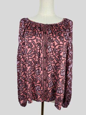 Omika Floral Peasant Blouse L Hand Made Pink Purple Long Sleeve Boho Top EUC